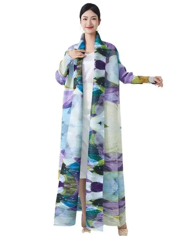 LANMREM Casual Pleated Print Trench Women's Lapel Long Sleeves Contrast Color Lace-up Gathered Waist Coat 2025 Spring New 2Z2602