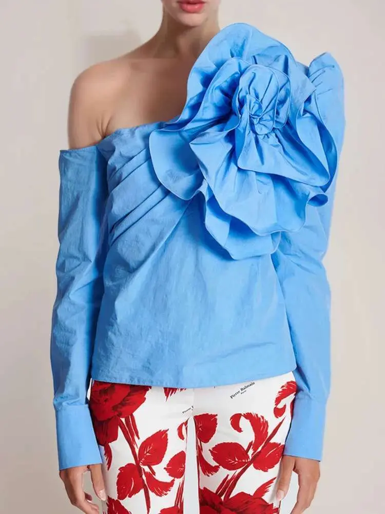 LANMREM Blue Flower Blouse For Women Long Sleeves Off Shoulder Irregular Designer Top 2024 Summer New Fashion Clothes YX0390
