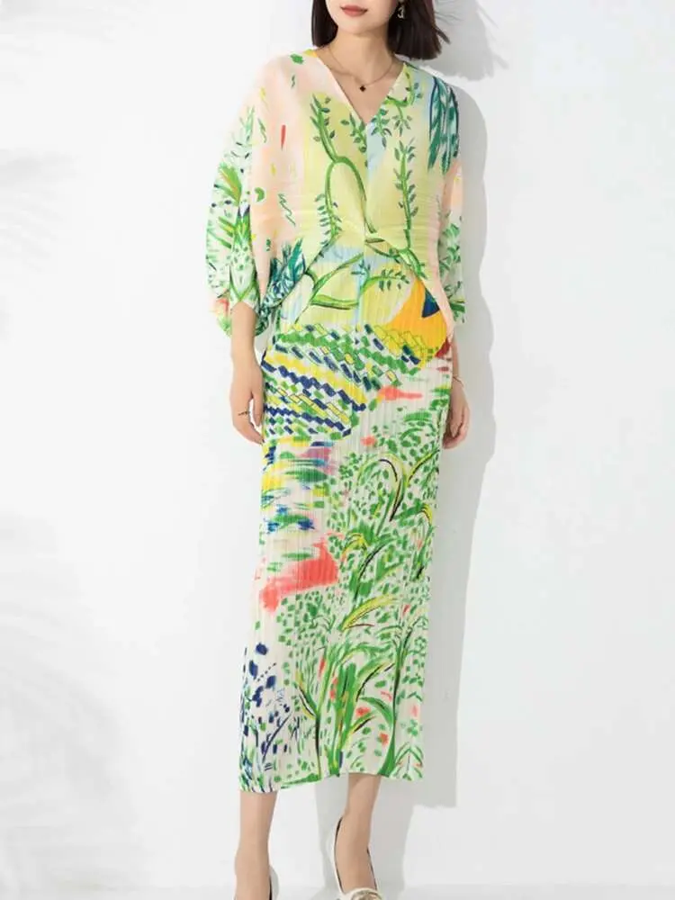 LANMREM Printed Dress For Women Bat Sleeve V-neck Pleated Loose Dresses New Fashion Oversized Feamle Festival Clothing 2DA3994