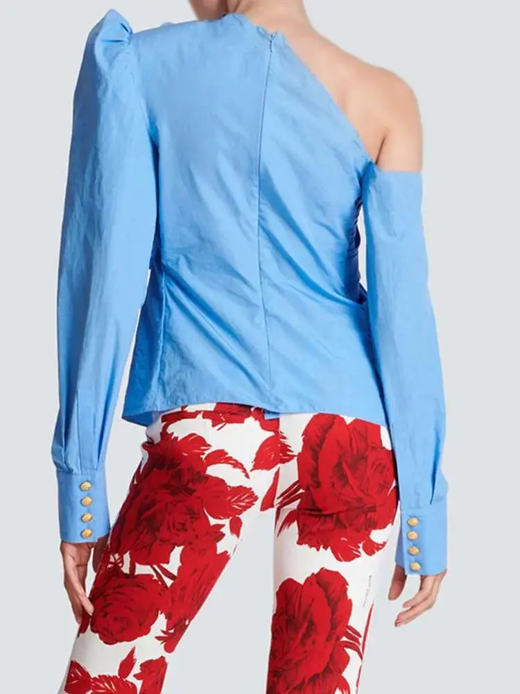 LANMREM Blue Flower Blouse For Women Long Sleeves Off Shoulder Irregular Designer Top 2024 Summer New Fashion Clothes YX0390