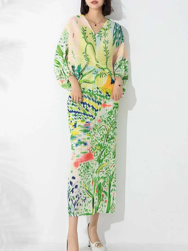 LANMREM Printed Dress For Women Bat Sleeve V-neck Pleated Loose Dresses New Fashion Oversized Feamle Festival Clothing 2DA3994