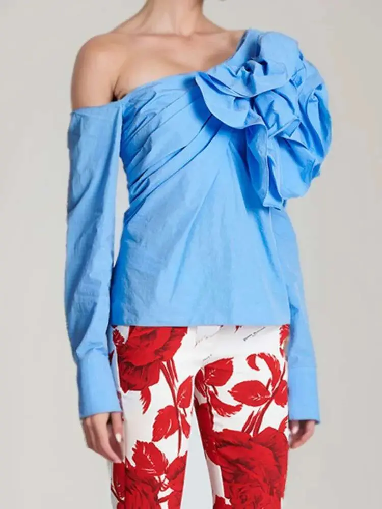 LANMREM Blue Flower Blouse For Women Long Sleeves Off Shoulder Irregular Designer Top 2024 Summer New Fashion Clothes YX0390