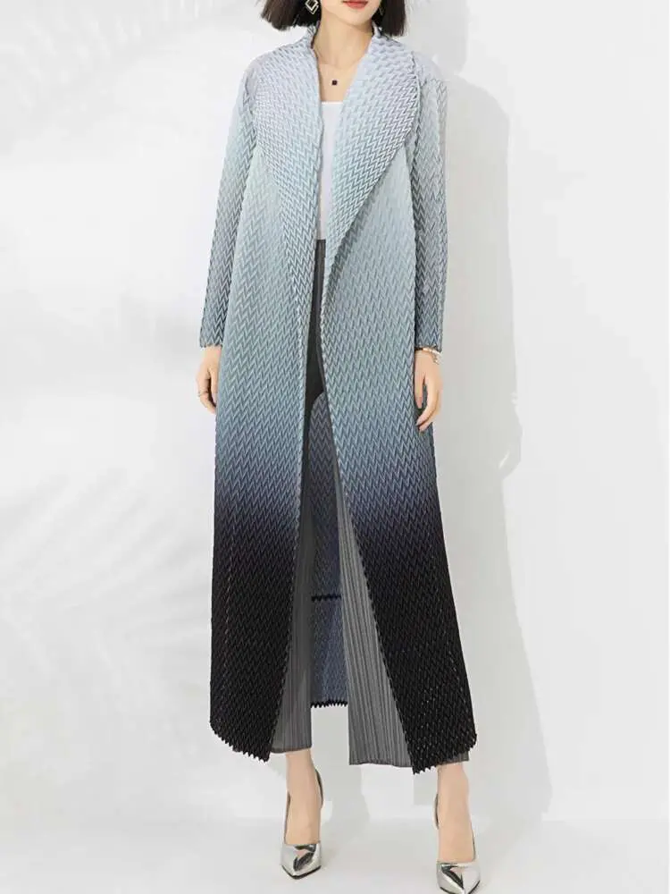 LANMREM Gradient Pleated Windbreaker For Women Long Sleeves Lapel Belt Coat Female High End Clothing 2024 Spring New 2DA4314
