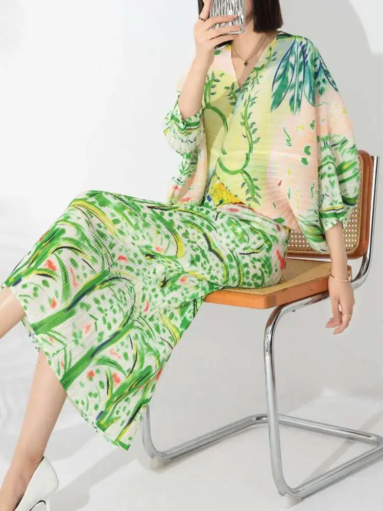 LANMREM Printed Dress For Women Bat Sleeve V-neck Pleated Loose Dresses New Fashion Oversized Feamle Festival Clothing 2DA3994