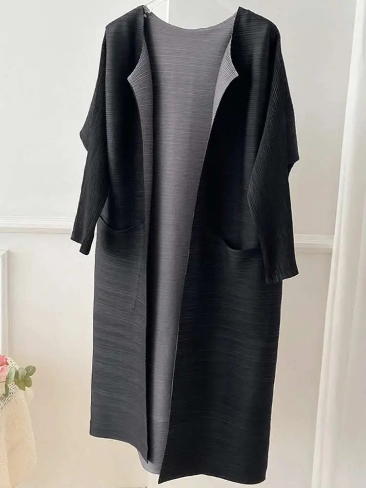 LANMREM Women Solid Color Open Stitch Long Sleeve Trench Female Loose Fashion Pleated Windbreaker 2024 New Spring 2J485