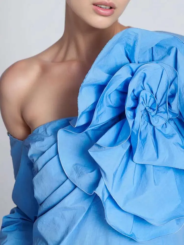 LANMREM Blue Flower Blouse For Women Long Sleeves Off Shoulder Irregular Designer Top 2024 Summer New Fashion Clothes YX0390