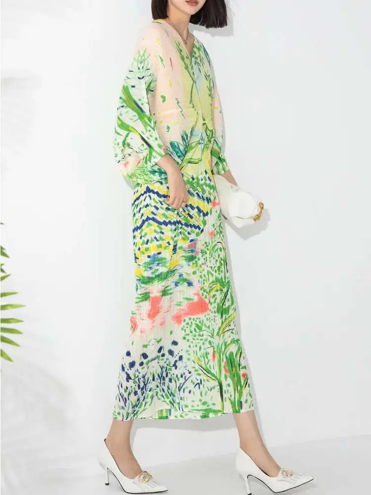 LANMREM Printed Dress For Women Bat Sleeve V-neck Pleated Loose Dresses New Fashion Oversized Feamle Festival Clothing 2DA3994