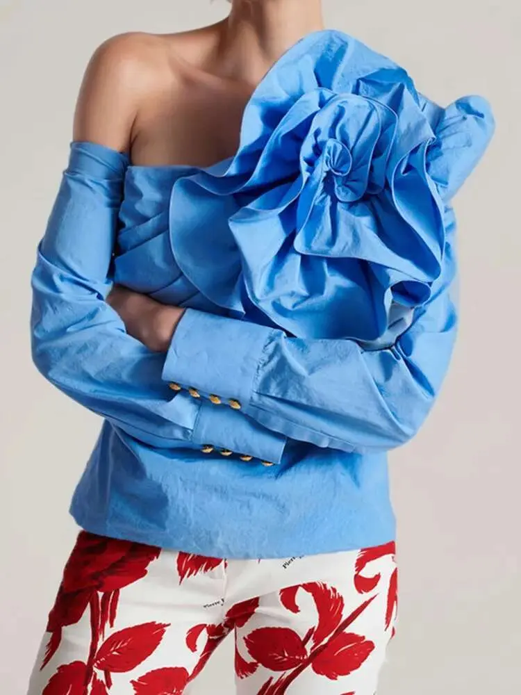 LANMREM Blue Flower Blouse For Women Long Sleeves Off Shoulder Irregular Designer Top 2024 Summer New Fashion Clothes YX0390