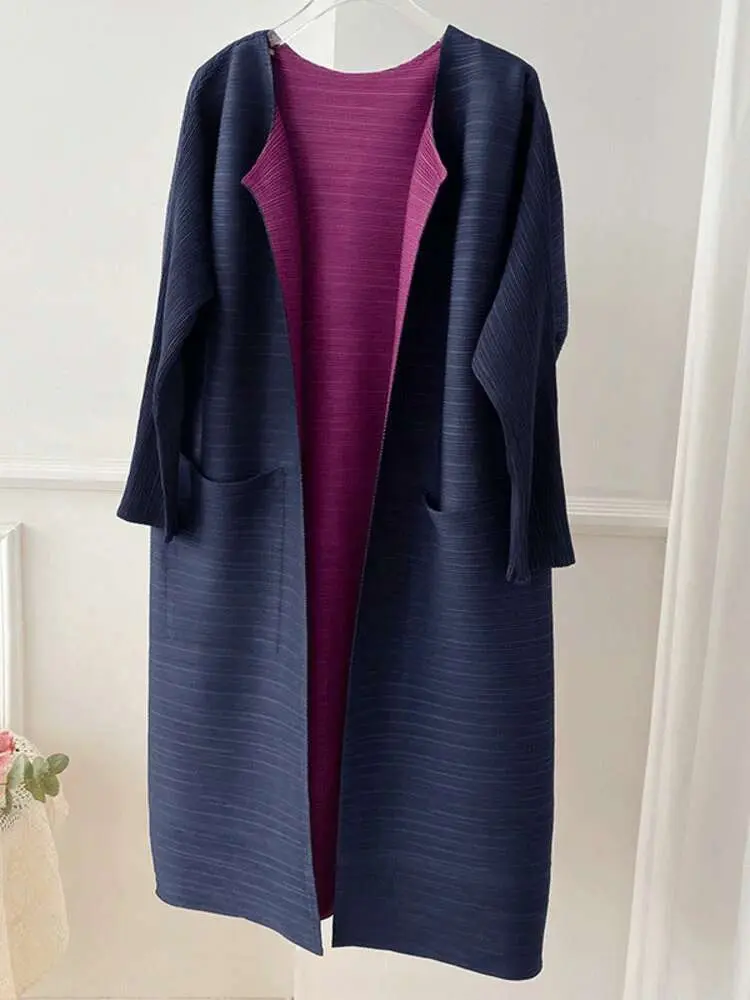 LANMREM Women Solid Color Open Stitch Long Sleeve Trench Female Loose Fashion Pleated Windbreaker 2024 New Spring 2J485