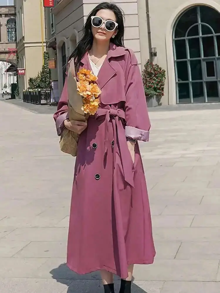 LANMREM Purple Elegant Trench Coat Lapel Long Sleeve Double Breasted Belt Slim Windbreaker New Korean Style Clothing 2Q1285