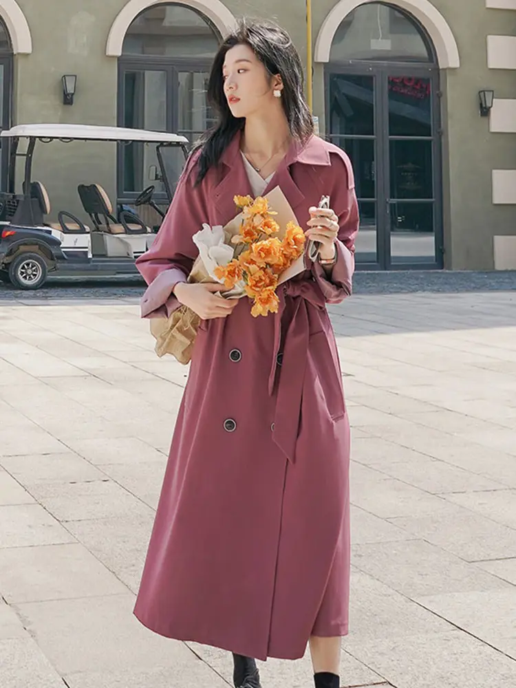 LANMREM Purple Elegant Trench Coat Lapel Long Sleeve Double Breasted Belt Slim Windbreaker New Korean Style Clothing 2Q1285