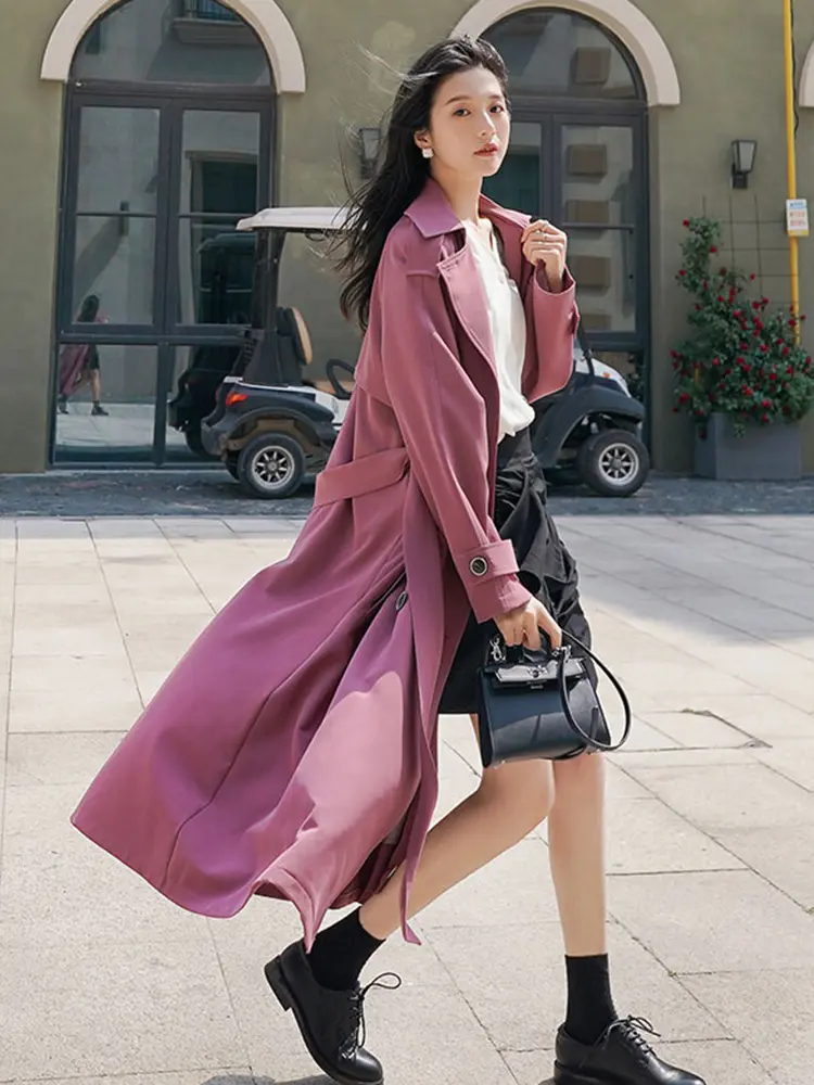 LANMREM Purple Elegant Trench Coat Lapel Long Sleeve Double Breasted Belt Slim Windbreaker New Korean Style Clothing 2Q1285