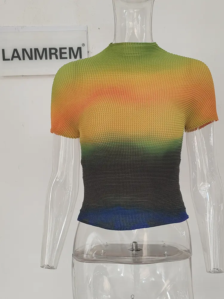 LANMREM 2025 Summer New All-match T-shirt For Famale High Quality Thin Style Elastic Fabric Short Sleeve Tops Women Casual YJ780