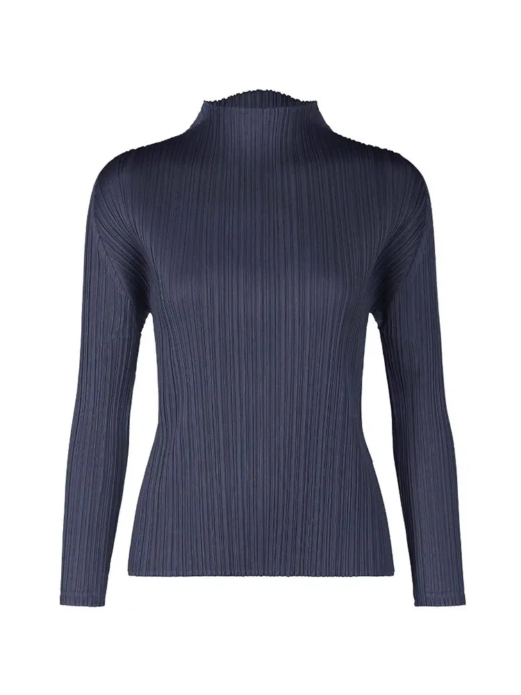 LANMREM 2025 New Long Sleeved Women's Pleated T-shirt Base Solid Color Stand Collar Slim Fit Long Pullover Tops Chic 2DB2996