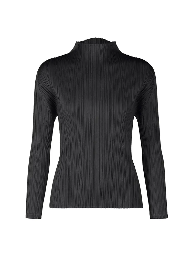 LANMREM 2025 New Long Sleeved Women's Pleated T-shirt Base Solid Color Stand Collar Slim Fit Long Pullover Tops Chic 2DB2996