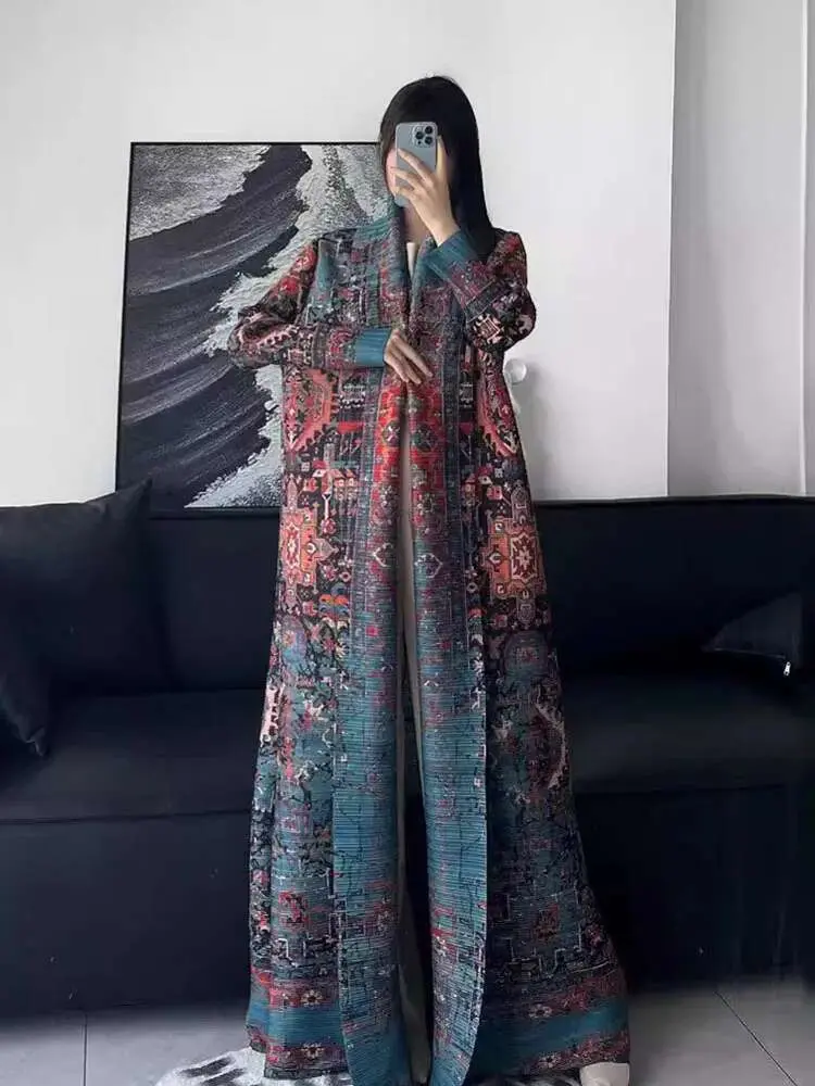 LANMREM Maxi Robe Printed Long Sleeves Loose Big Size Pleated Windbreaker Coats Female Trendy Clothing 2025 Spring New 2DA7821