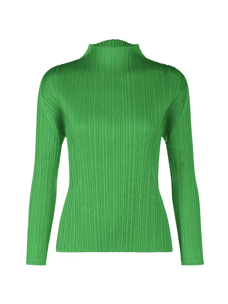LANMREM 2025 New Long Sleeved Women's Pleated T-shirt Base Solid Color Stand Collar Slim Fit Long Pullover Tops Chic 2DB2996