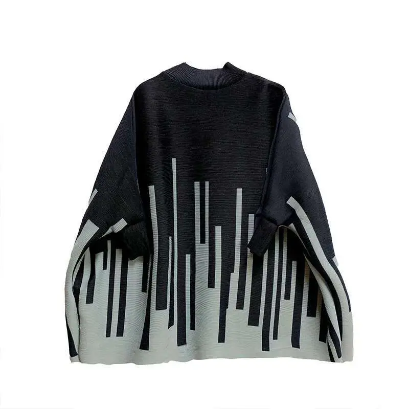 LANMREM O-neck Black Color Block Striped Loose Top Female Fashion Long Sleeve Pleated T-shirt 2025 New Women Spring 2J515