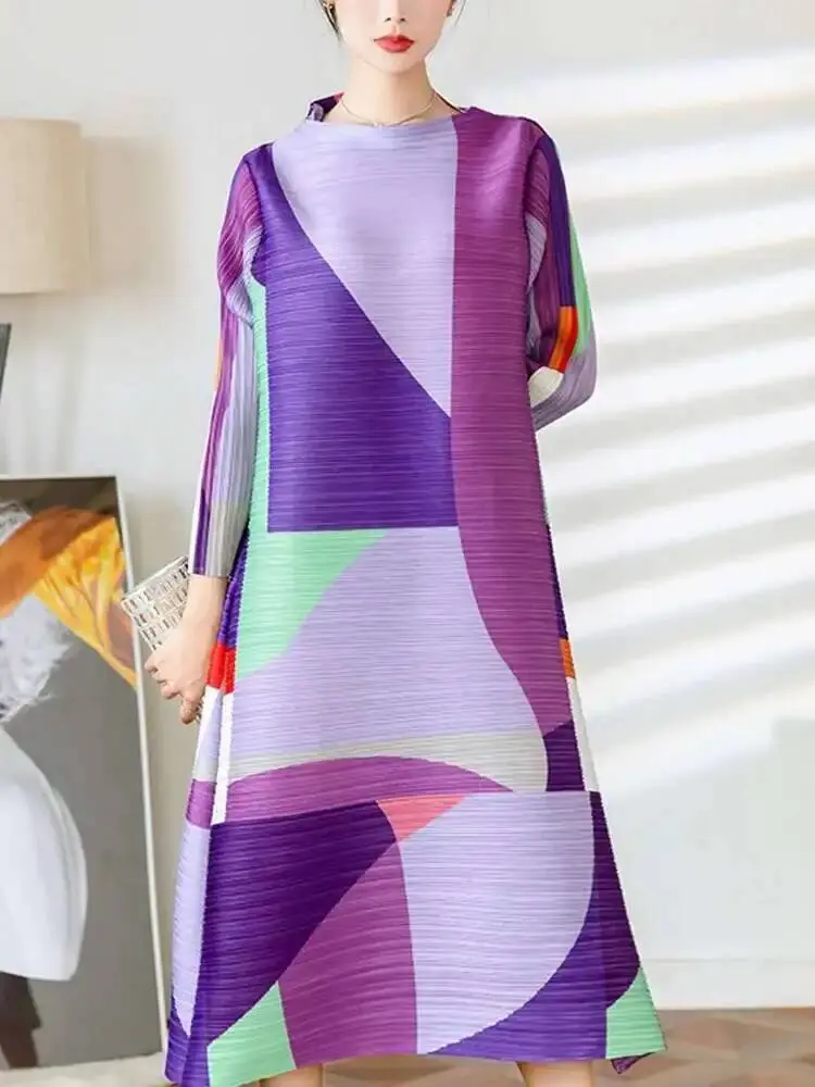LANMREM Niche Design Geometric Colorblock Patchwork Design Pleated Dress Women's 2025 New O-neck  Wrist Sleeve Dresses 2DB3203