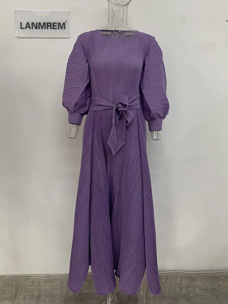 LANMREM Maxi Dress For Women Lantern Long Sleeves High Waist Belt Pleated Dresses Female Party Clothing 2024 Spring New 32A305