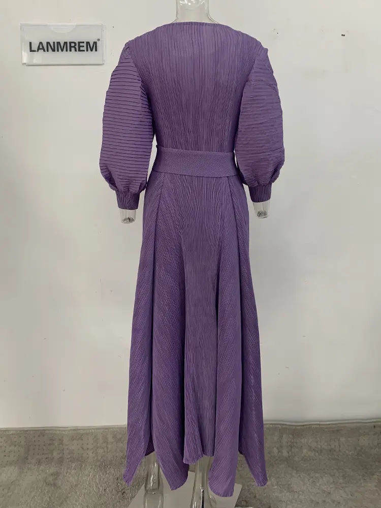 LANMREM Maxi Dress For Women Lantern Long Sleeves High Waist Belt Pleated Dresses Female Party Clothing 2024 Spring New 32A305