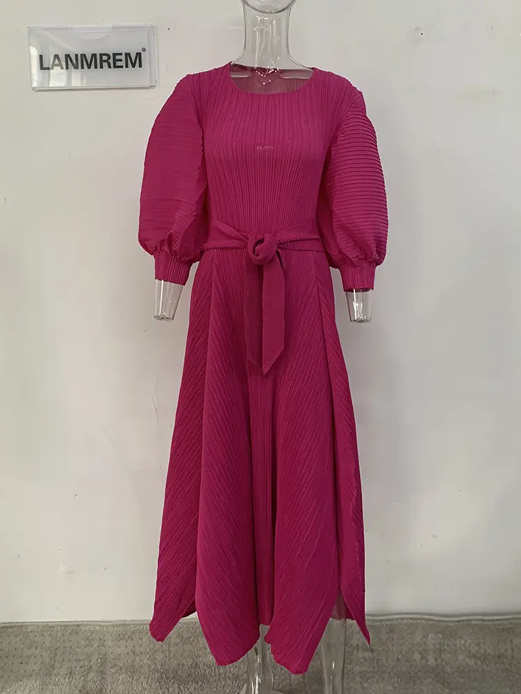 LANMREM Maxi Dress For Women Lantern Long Sleeves High Waist Belt Pleated Dresses Female Party Clothing 2024 Spring New 32A305