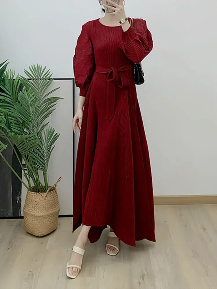 LANMREM Maxi Dress For Women Lantern Long Sleeves High Waist Belt Pleated Dresses Female Party Clothing 2024 Spring New 32A305