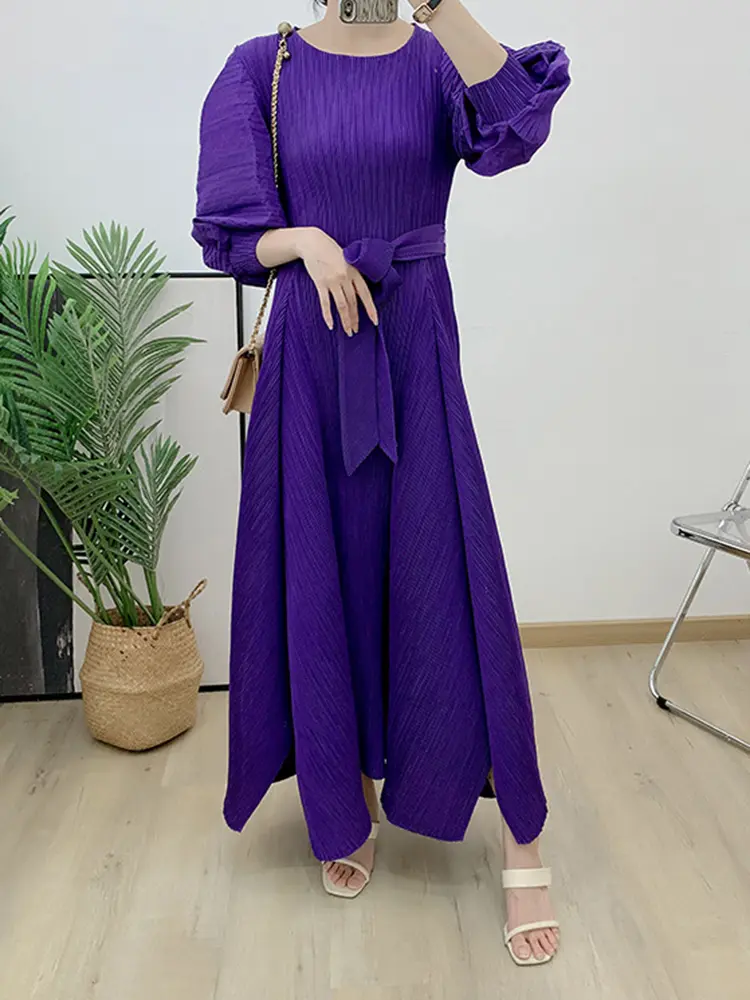LANMREM Maxi Dress For Women Lantern Long Sleeves High Waist Belt Pleated Dresses Female Party Clothing 2024 Spring New 32A305