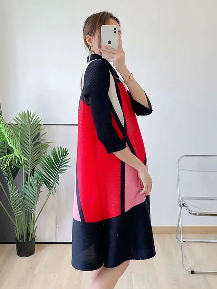 LANMREM Plaid Printing Pleated Dress For Women Lapel Single Breasted Contrast Color Stitching Dresses Fashion 2025 New 2R1060