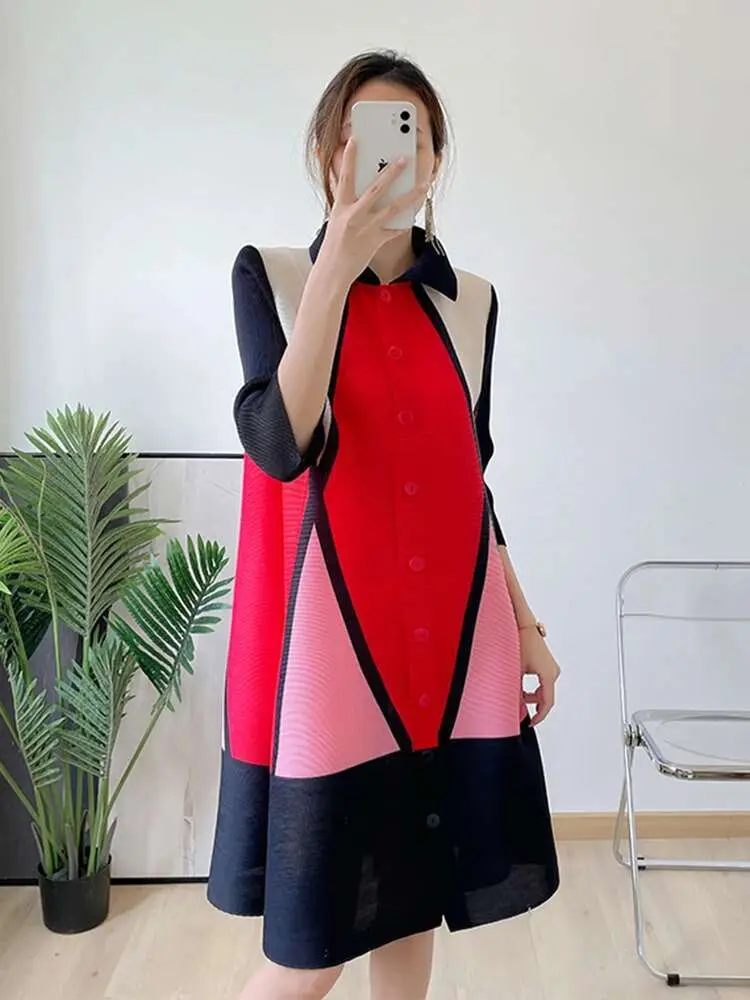 LANMREM Plaid Printing Pleated Dress For Women Lapel Single Breasted Contrast Color Stitching Dresses Fashion 2025 New 2R1060