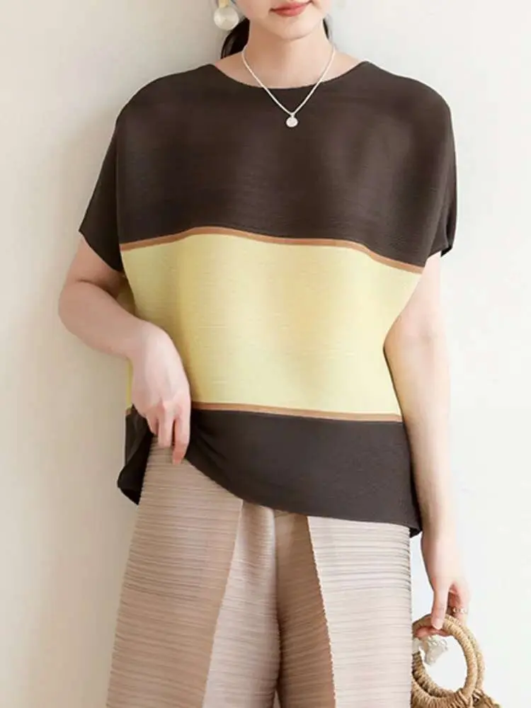 LANMREM Patchwork Casual Irregular Pleated T-shirt Women Fashion tide 2025 Summer New Round Neck Short Sleeve Loose Tops 2DE679