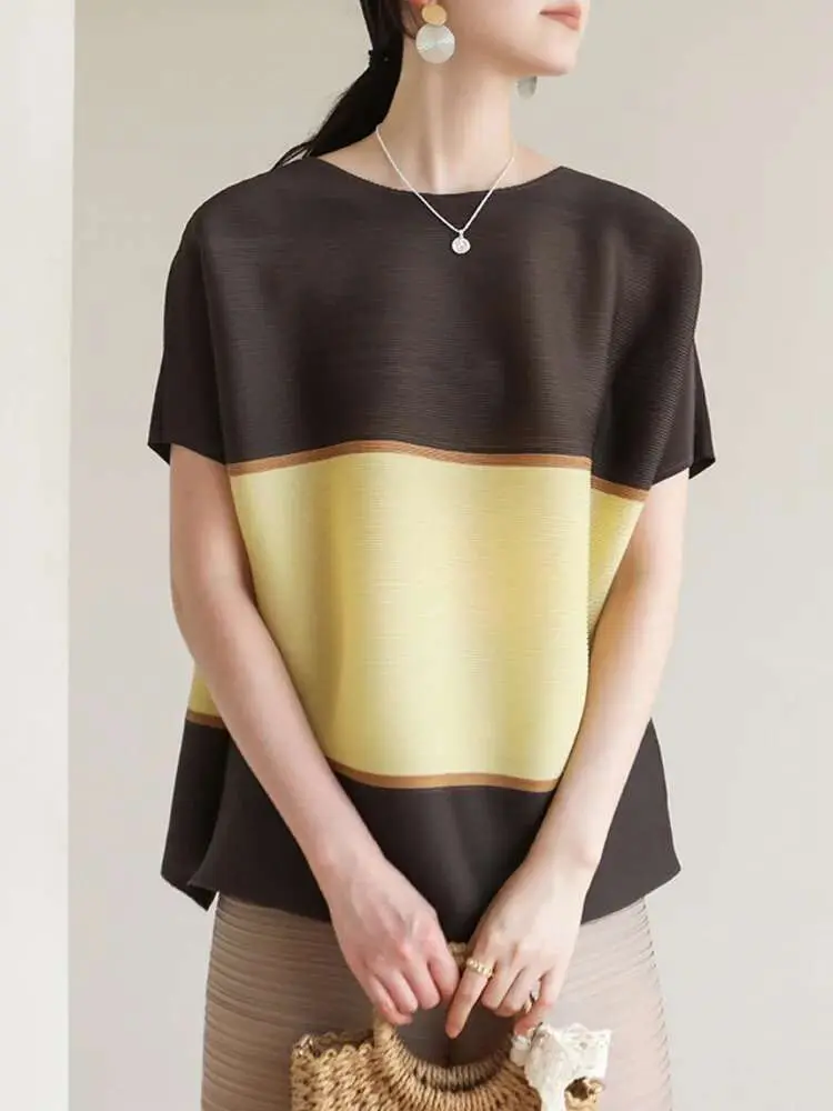 LANMREM Patchwork Casual Irregular Pleated T-shirt Women Fashion tide 2025 Summer New Round Neck Short Sleeve Loose Tops 2DE679