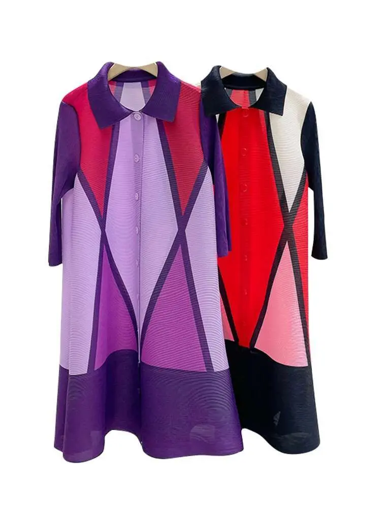 LANMREM Plaid Printing Pleated Dress For Women Lapel Single Breasted Contrast Color Stitching Dresses Fashion 2025 New 2R1060
