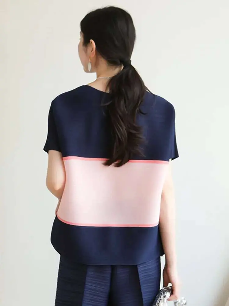 LANMREM Patchwork Casual Irregular Pleated T-shirt Women Fashion tide 2025 Summer New Round Neck Short Sleeve Loose Tops 2DE679