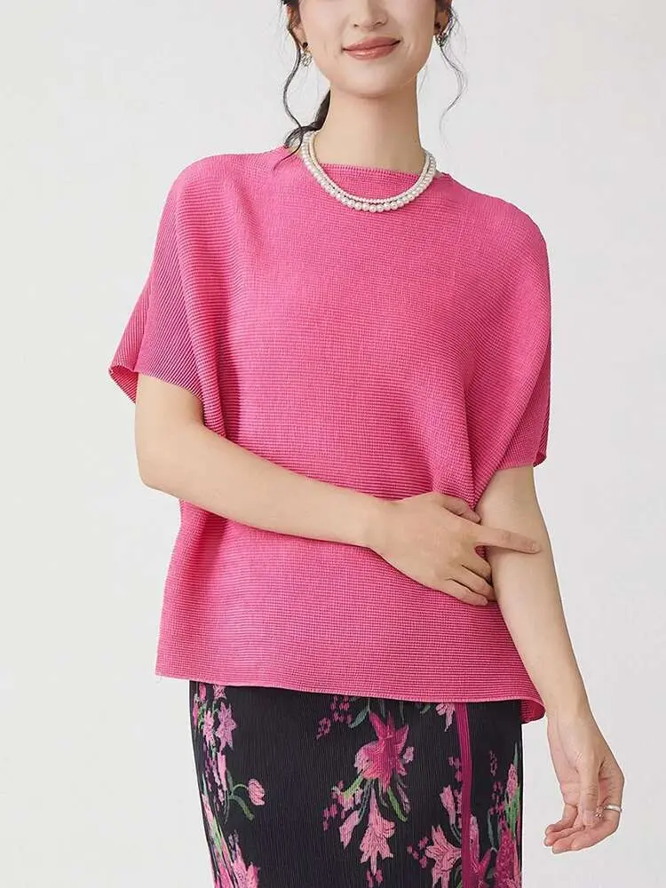 LANMREM High Quality Short Sleeved Pleasted T-shirt Summer 2025 New Loose Pleated Top Casual Stand Collar Chic Green Tee 2DB2480