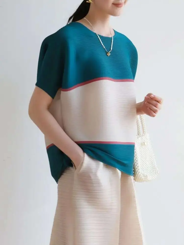 LANMREM Patchwork Casual Irregular Pleated T-shirt Women Fashion tide 2025 Summer New Round Neck Short Sleeve Loose Tops 2DE679
