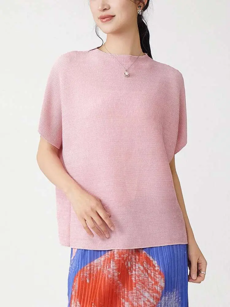 LANMREM High Quality Short Sleeved Pleasted T-shirt Summer 2025 New Loose Pleated Top Casual Stand Collar Chic Green Tee 2DB2480
