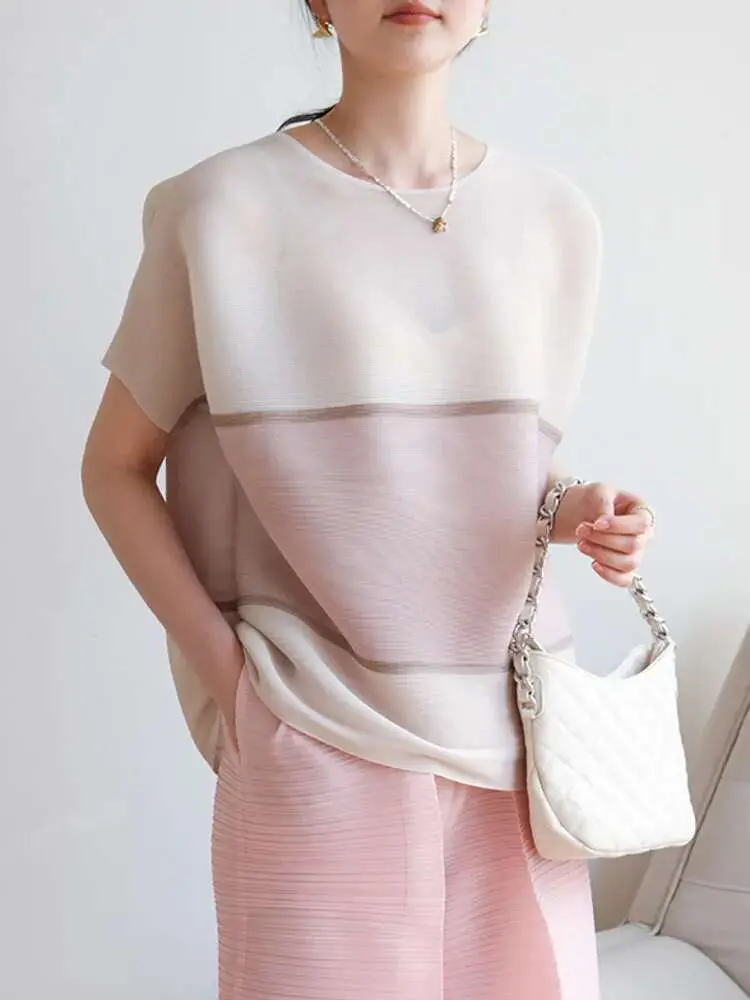 LANMREM Patchwork Casual Irregular Pleated T-shirt Women Fashion tide 2025 Summer New Round Neck Short Sleeve Loose Tops 2DE679