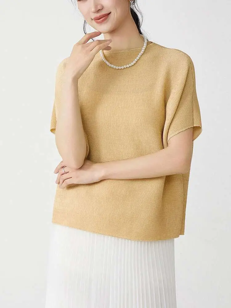 LANMREM High Quality Short Sleeved Pleasted T-shirt Summer 2025 New Loose Pleated Top Casual Stand Collar Chic Green Tee 2DB2480