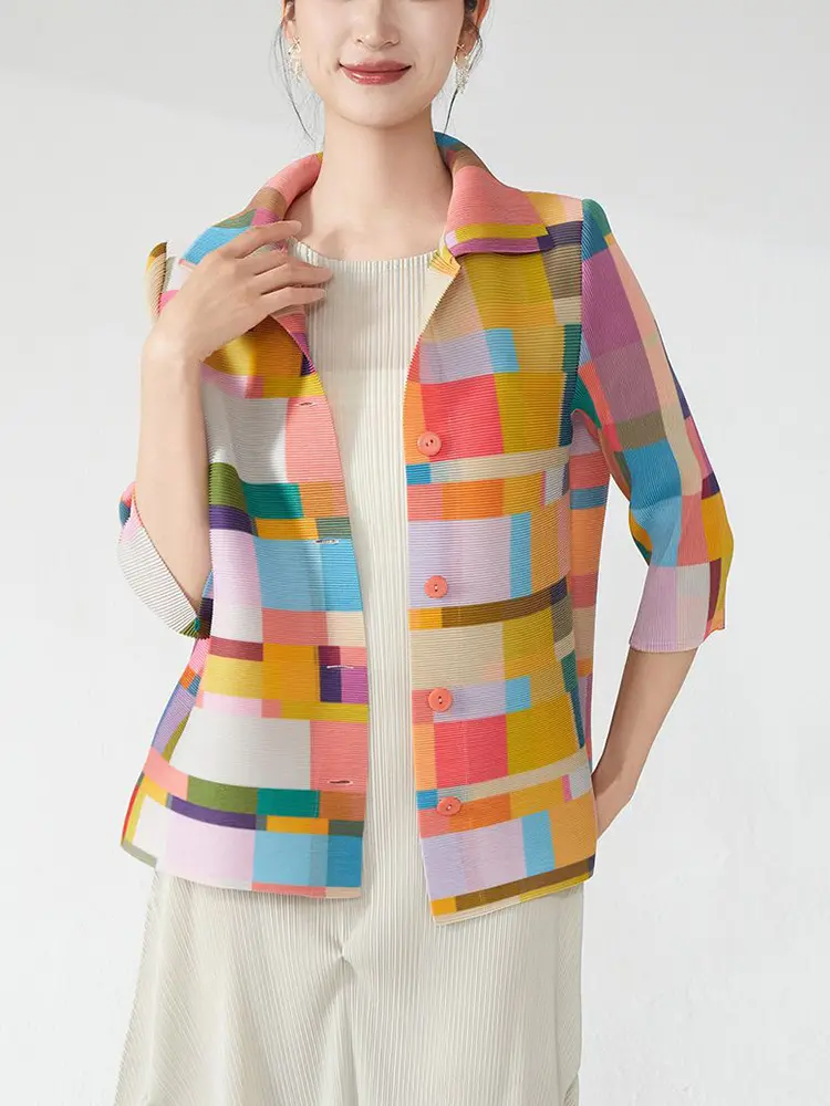 LANMREM Colorblock Geometric Print Design Pleated Coat Women's Lapel Three Quarter Sleeve Jackets Single Breasted Cloth 2DB3006