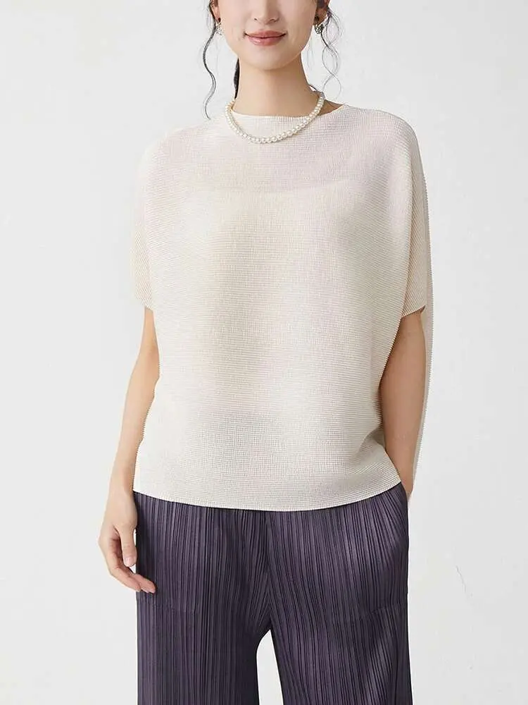 LANMREM High Quality Short Sleeved Pleasted T-shirt Summer 2025 New Loose Pleated Top Casual Stand Collar Chic Green Tee 2DB2480