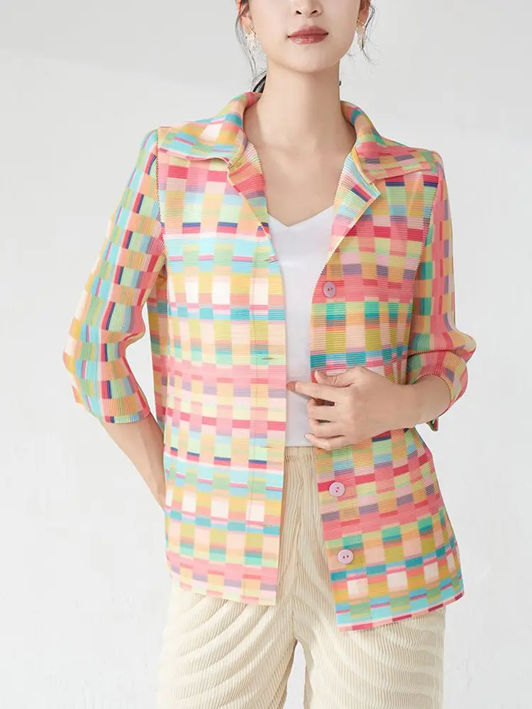 LANMREM Colorblock Geometric Print Design Pleated Coat Women's Lapel Three Quarter Sleeve Jackets Single Breasted Cloth 2DB3006