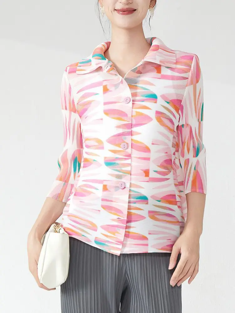 LANMREM Colorblock Geometric Print Design Pleated Coat Women's Lapel Three Quarter Sleeve Jackets Single Breasted Cloth 2DB3006
