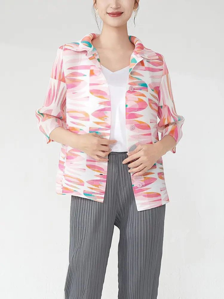 LANMREM Colorblock Geometric Print Design Pleated Coat Women's Lapel Three Quarter Sleeve Jackets Single Breasted Cloth 2DB3006