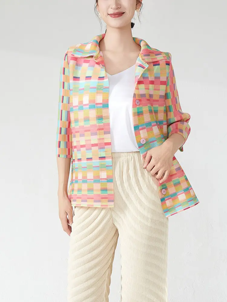 LANMREM Colorblock Geometric Print Design Pleated Coat Women's Lapel Three Quarter Sleeve Jackets Single Breasted Cloth 2DB3006