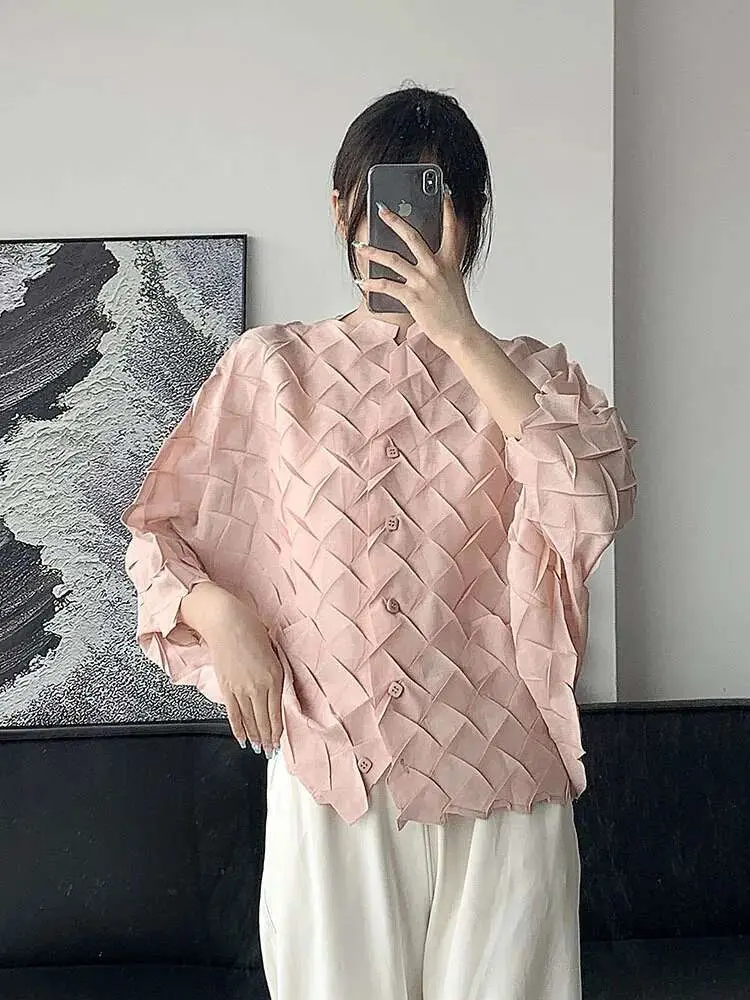 LANMREM Pleated Casual Shirt Women's Stand Collar Single Breasted Solid Color Blouses 2024 Female Autumn New Clothing 2Z2267