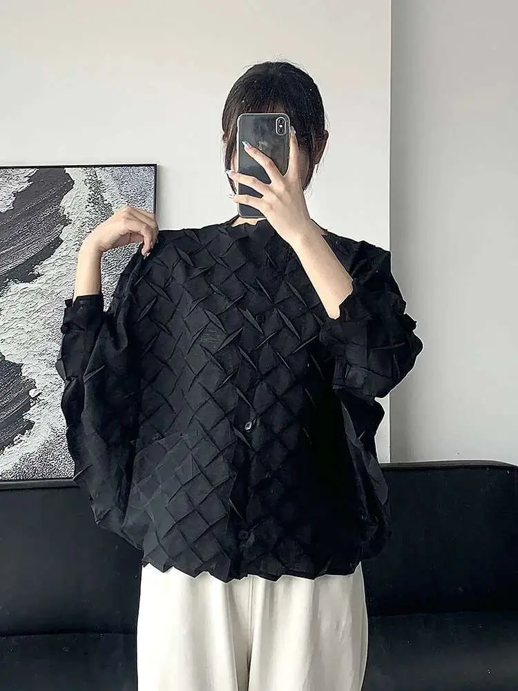 LANMREM Pleated Casual Shirt Women's Stand Collar Single Breasted Solid Color Blouses 2024 Female Autumn New Clothing 2Z2267