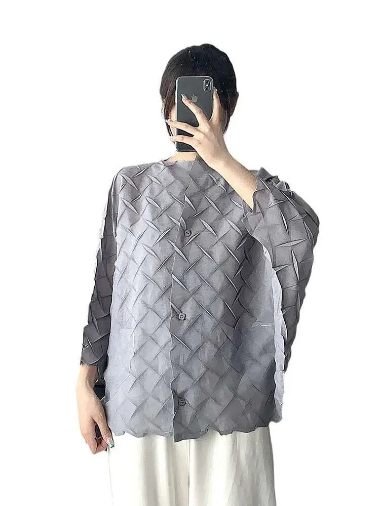LANMREM Pleated Casual Shirt Women's Stand Collar Single Breasted Solid Color Blouses 2024 Female Autumn New Clothing 2Z2267