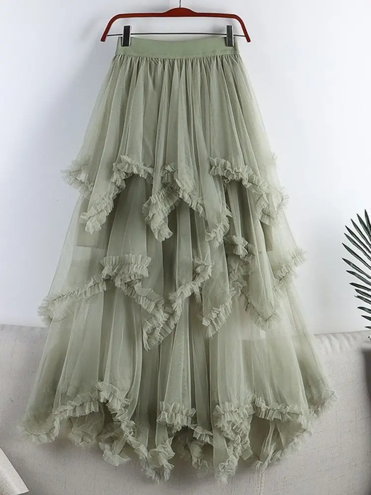 LANMREM Irregular Gauze Cake Skirts With Fungus Edge Women High Waist Solid Color Party Clothing 2025 Summer Autumn New 2DA9142