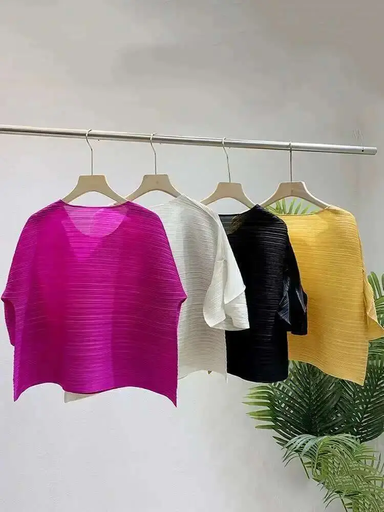 LANMREM Pleated T-shirt For Women O-neck Flare Sleeves Solid Color Casual Tops Versatile 2024 Summer New Clothing 2Z1253